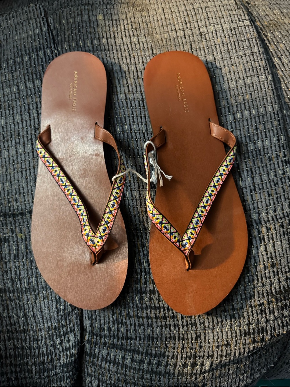 American Eagle Outfitters Brown Flip Flop Sandals with Multicolor Beaded Straps